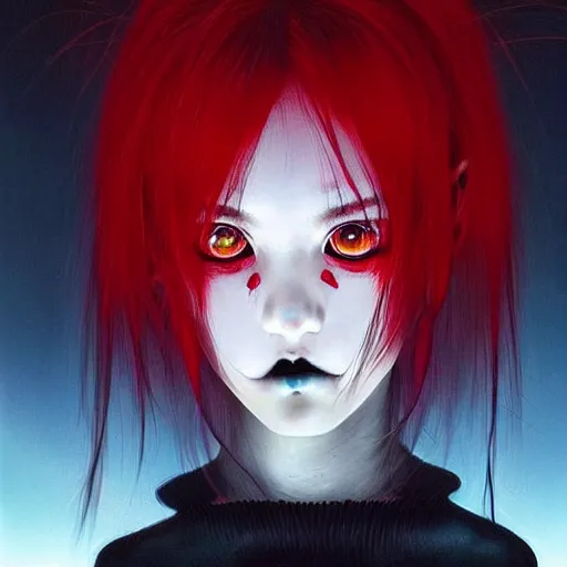 Prompt: beautiful! beautiful! aesthetically pleasing! portrait of an anime goth clowngirl with red eyes, painted by ilya kuvshinov!!! and zdzislaw beksinski