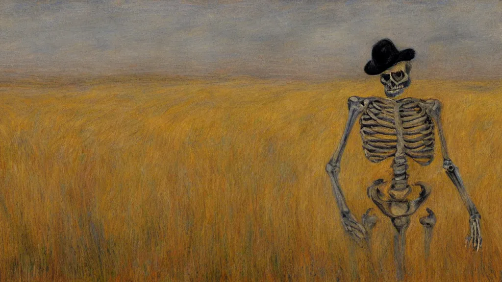 Image similar to a skeleton standing in a stomry, foggy wheat field in style of pierre - auguste renoir,, fine details,