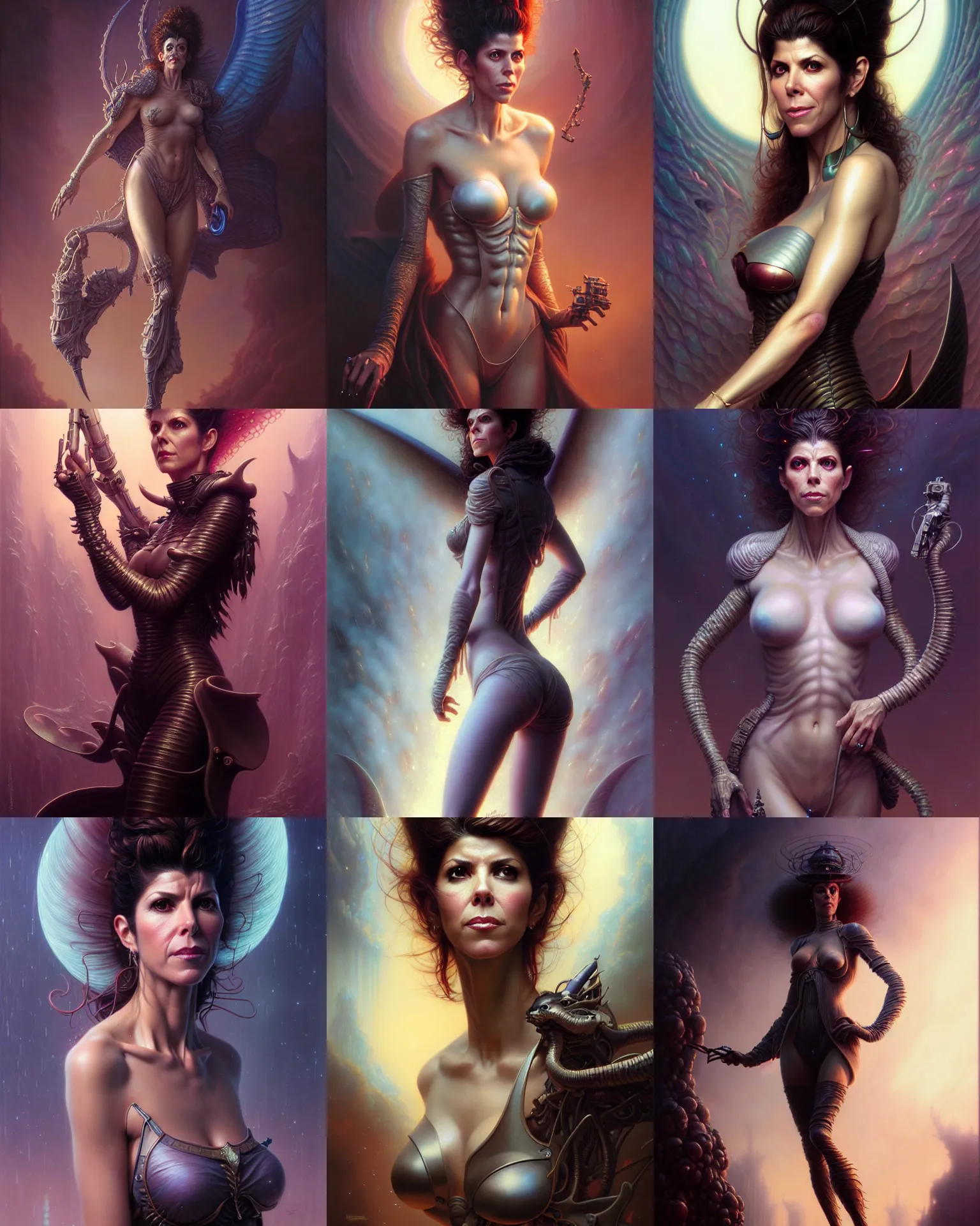 Prompt: beautiful fantasy character portrait, marisa tomei, ultra realistic, wide angle, intricate details, blade runner artifacts, highly detailed by peter mohrbacher, boris vallejo, hajime sorayama, wayne barlowe, paolo eleuteri serpieri