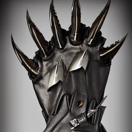 Image similar to gloves with metal claws, old leather gloves with attached talons, pointy fingertips, dark background, highly detailed, 8 k, trending on artstation, mystic, rpg artwork, by peter jackson, by sauron