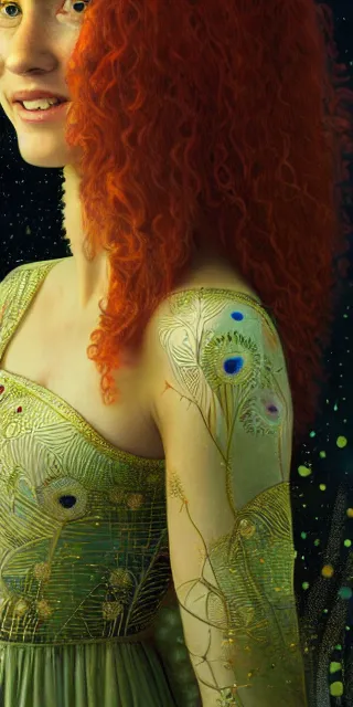 Image similar to empathic young woman, smiling amazed, golden fireflies lights, full covering intricate detailed dress, amidst nature, long red hair, precise linework, accurate green eyes, small nose with freckles, beautiful oval shape face, realistic, expressive emotions, dramatic lights, hyper realistic ultrafine art by artemisia gentileschi, jessica rossier, boris vallejo