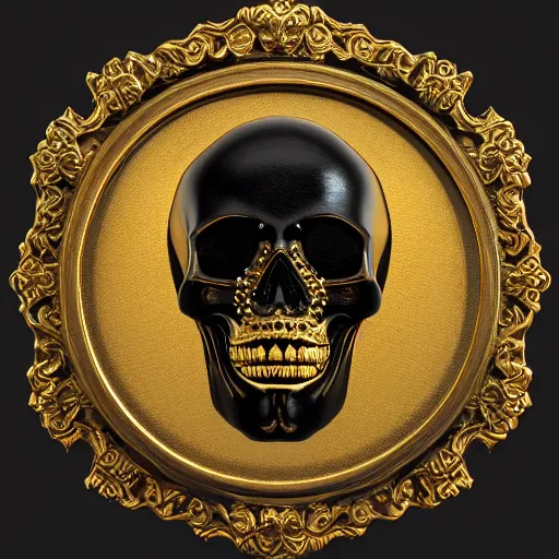 Image similar to 3d golden and black skull engraved with baroque ornaments. trending on artstation. octane render. dark art. gothic art. symmetrical artwork