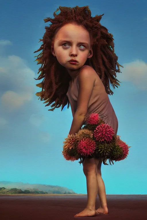 Image similar to closeup giant dahlia flower head, girl standing on beach, surreal photography, blue sky, sunrise, dramatic light, impressionist painting, digital painting, artstation, simon stalenhag