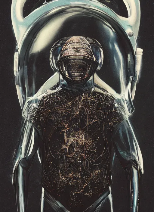 Image similar to hybrid alexander mcqueen astronaut in dark void underwater - complex and hyperdetailed technical suit design. reflection and dispersion materials. rays and dispersion of light. volumetric light. f / 3 2. noise film photo. flash photography. ultra realistic, 5 0 mm. poster by wayne barlowe, hajime sorayama, aaron horkey, craig mullins