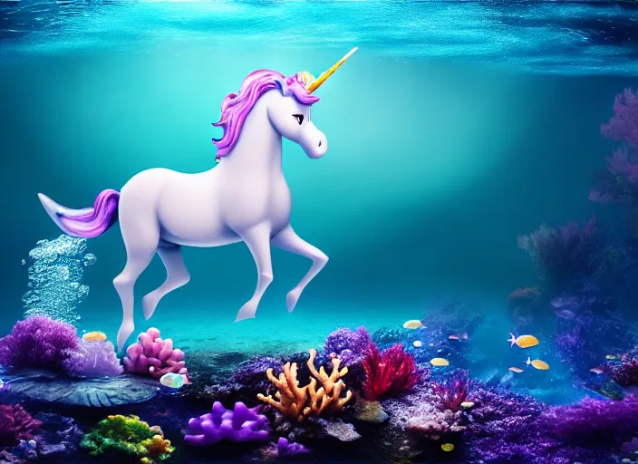 Image similar to under water unicorn, water light scattering, underwater photography, high details, 8 k, realistic shot, cinematic lighting