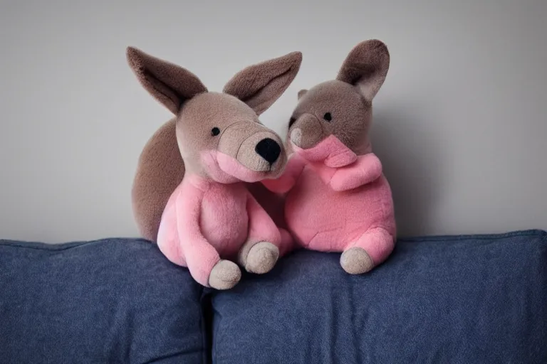 Image similar to a high quality 3 5 mm photo of a pink chubby stuffed animal kangaroo wearing a dark blue shirt, sitting on a couch, an ultrafine detailed photo, trending on artstation, sharp focus, baby toy