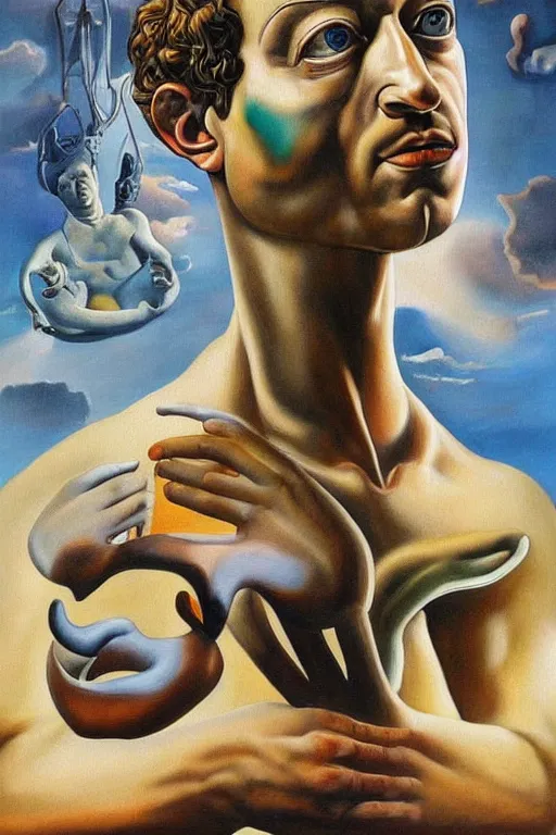 Image similar to photorealistic painting of mark zuckerberg as leda atomica by salvador dali, hyperdetailed, centered, masterpiece, surrealism