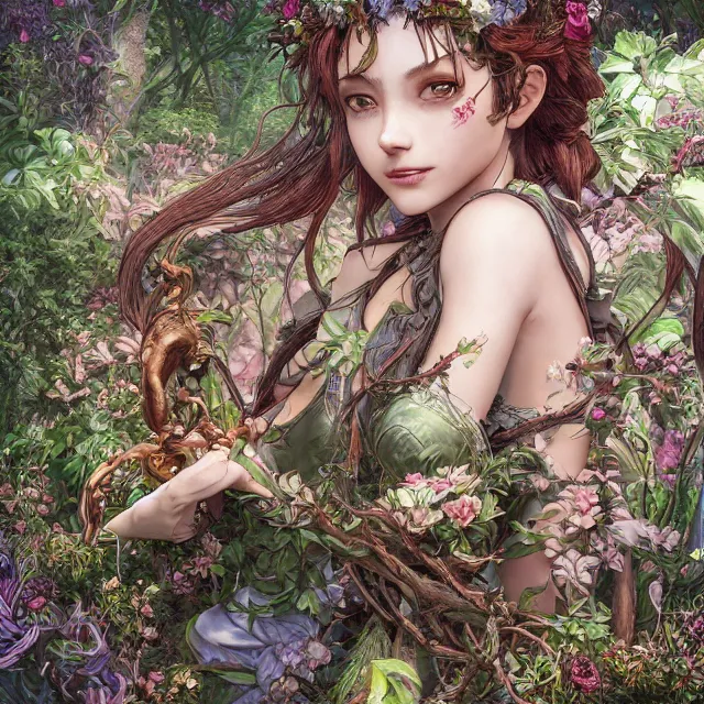 Image similar to the portrait of chaotic good female druid botanist as absurdly beautiful, gorgeous, elegant, young gravure idol, an ultrafine hyperdetailed illustration by kim jung gi, irakli nadar, intricate linework, sharp focus, bright colors, octopath traveler, final fantasy, unreal engine 5 highly rendered, global illumination, radiant light, detailed and intricate environment