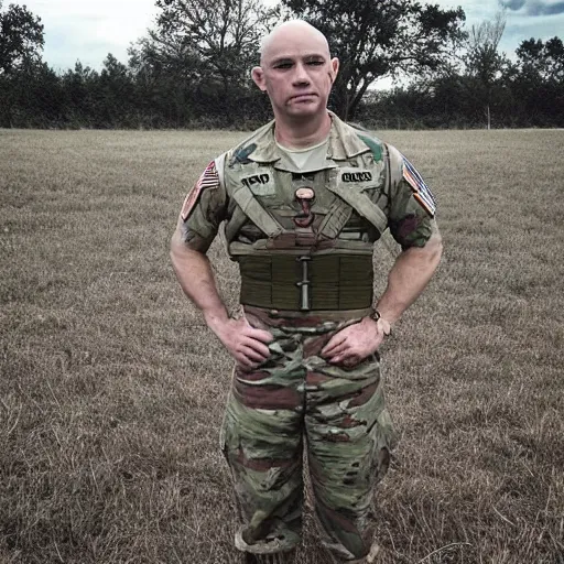 Image similar to “a short, strong, bald, buff, 35 year old man in a US Army Uniform standing in the middle of a field with a grumpy look on his face”