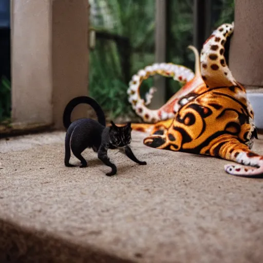 Image similar to an octopus and a cat sitting together, professional photography