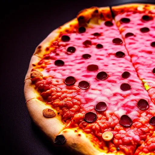 Image similar to a macro photo of a slice of pizza, hyper realistic, hyper detailed, 35mm, very grainy film, pink volumetric studio lighting, bokeh, black background award winning shot, vogue magazine, cinematic, 8k, very closeup, elegant, tender, pastel