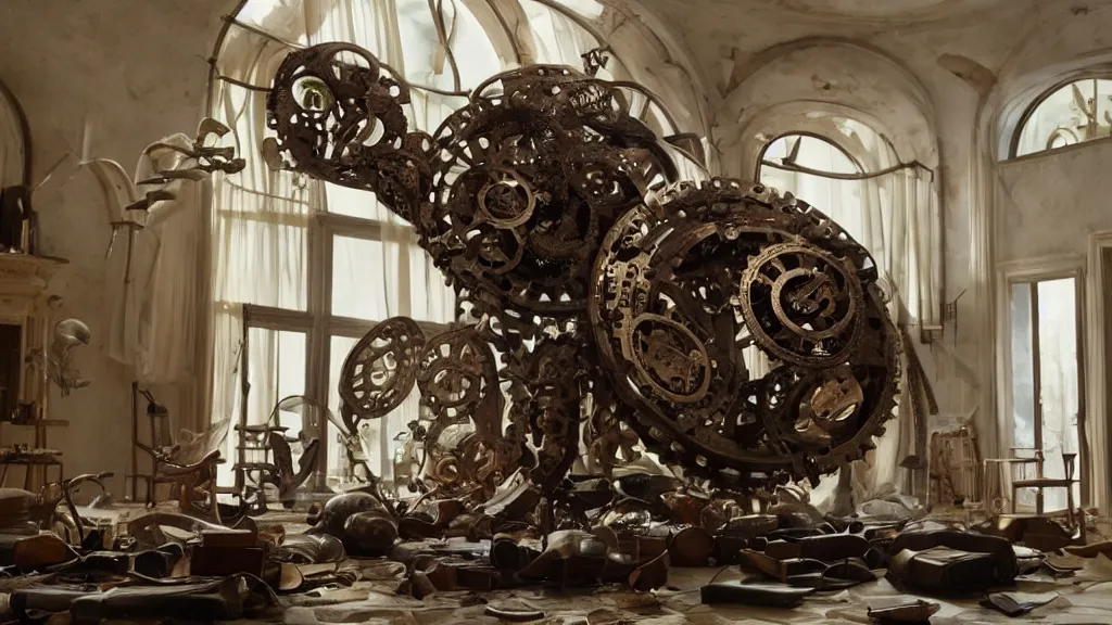 Prompt: a giant hand made of metal and cogs floats through the living room, film still from the movie directed by Denis Villeneuve with art direction by Salvador Dalí, wide lens