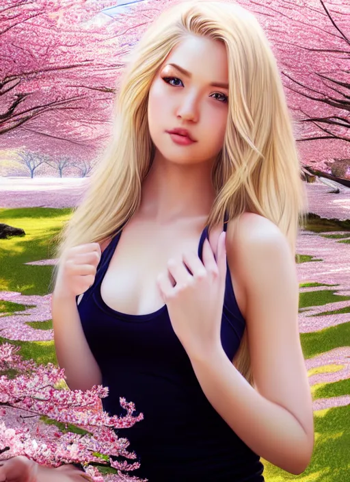 Image similar to photo of a gorgeous blonde female in the style of stefan kostic, realistic, half body shot, sharp focus, 8 k high definition, insanely detailed, intricate, elegant, art by stanley lau and artgerm, extreme blur cherry blossoms background