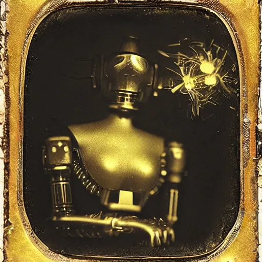 Prompt: old wetplate daguerreotype portrait of the pleasure bot, explosion of data fragments, fractal, intricate, elegant, highly detailed, parallax, leica, medium format, subsurface scattering, by jheronimus bosch and greg rutkowski and louis jacques mande daguerre,