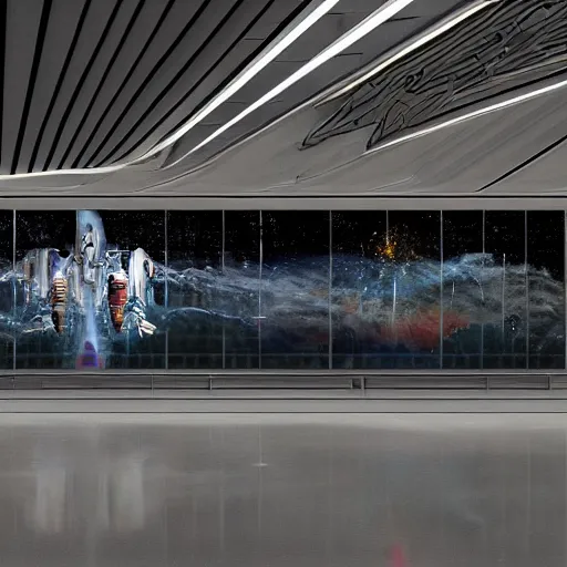 Prompt: sci-fi organic brutalism speed dynamic o x u airport interior wall panel on the coronation of napoleon painting and digital billboard in the middle, unreal engine 5, keyshot, octane, artstation trending, ultra high detail, ultra realistic, cinematic, 8k, 16k, in style of zaha hadid, in style of nanospace artstation, in plastic,dark, tilt shift,