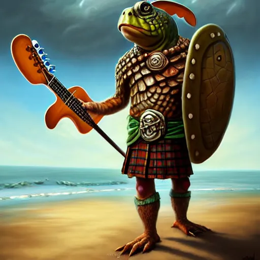Prompt: an anthropomorphic turtle, wearing a kilt, both arms holding a fender stratocaster guitar, walking up the sandy beach, DnD character art portrait, matte fantasy painting, DeviantArt Artstation, by Jason Felix by Steve Argyle by Tyler Jacobson by Peter Mohrbacher, cinematic lighting