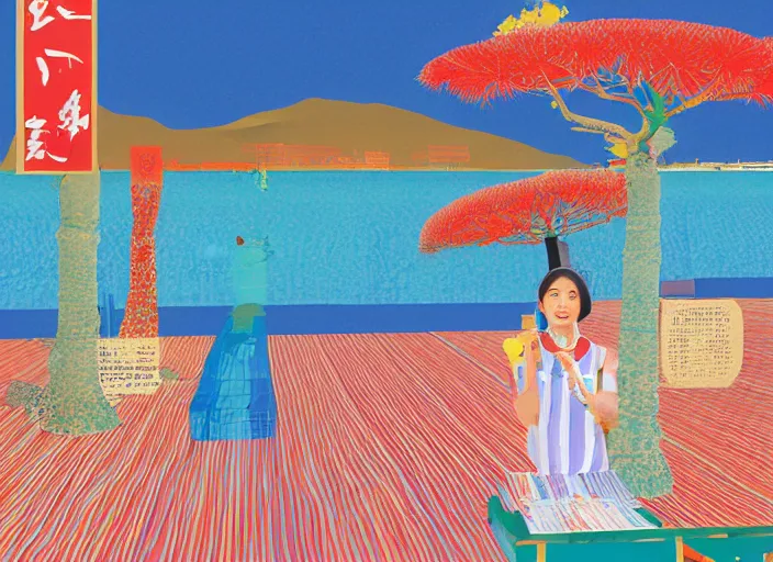 Image similar to award winning graphic design poster, photocollage art depicting a variety of japan travel, beauty, tastes, crafts and more, photocollage painting by David Hockney