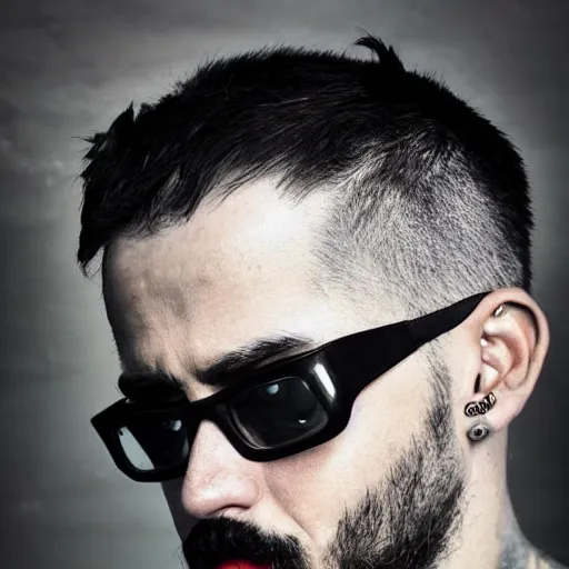 Image similar to bust portrait of handsome proud man mid 3 0 s with short black hair with grey hair, piercing in eyebrow, very short full beard, cyberpunk, fashion editorial photography, neon color scheme, waist up, low angle