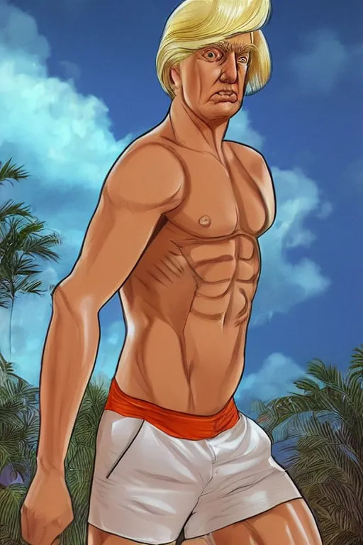 Prompt: a handsome man with blonde hair who is also a male android, ken, donald trump, muscular, wearing a cut-off white tank top and short light orange shorts, stands by a swimming pool, facing forward, in the style of artgerm and moebius and annie liebovitz, photorealistic, highly detailed