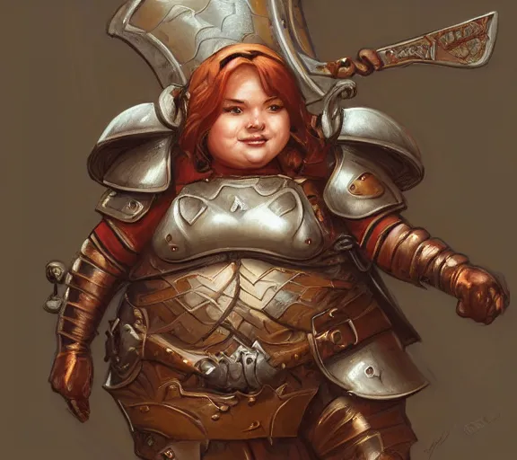 Image similar to cute chubby plump gnome woman wearing copper armor with sword and shield, small stature, short size, cute and adorable, pretty, beautiful, DnD character art portrait, matte fantasy painting, DeviantArt Artstation, by donato giancola, ralph horley, loish, cinematic lighting