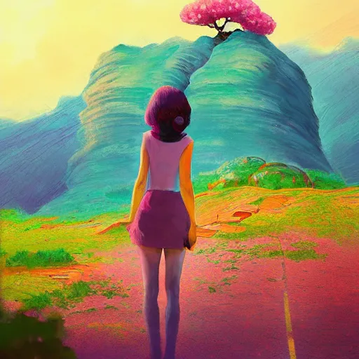 Image similar to giant cherry blossom flower as a head, girl walking in a canyon, surreal photography, sunrise, dramatic light, impressionist painting, colorful clouds, digital painting, artstation, simon stalenhag