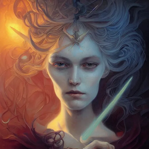 Image similar to a highly detailed beautiful portrait in the style of peter mohrbacher and in the style of jean delville. glowing rune of magical power.