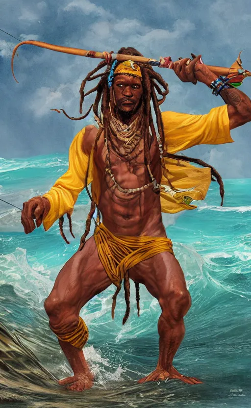 Image similar to character concept of a singular Jamaican fisherman wearing calico cloth and posing in a battle stance in the Jamaican sea, symmetrical face, dreadlocks, colors of Jamaica, cinematic, by Ross Tran and Artgerm and Peter Mohrbacher