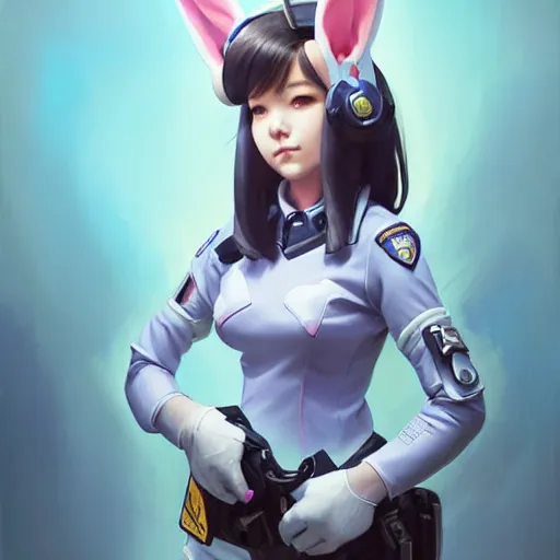 Image similar to Stunning Portrait of Bunny Ears D.VA from Overwatch wearing a police uniform by Kim Jung Gi, holding handcuffs in one hand Blizzard Concept Art Studio Ghibli. oil paint. 4k. by brom, Pixiv cute anime girl wearing police gear by Ross Tran, Greg Rutkowski, Mark Arian, soft render, octane, highly detailed painting, artstation