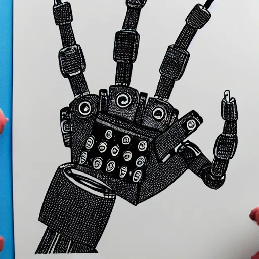 Prompt: a robot hand sketching a robot hand on paper