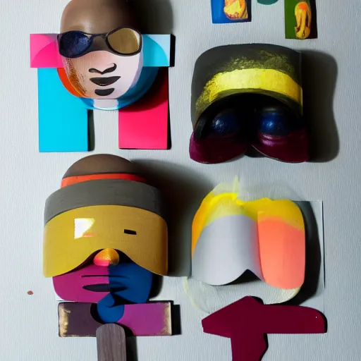 Prompt: polaroid of figures made from coloured smoke and eggshells, wearing funny hats and huge masks