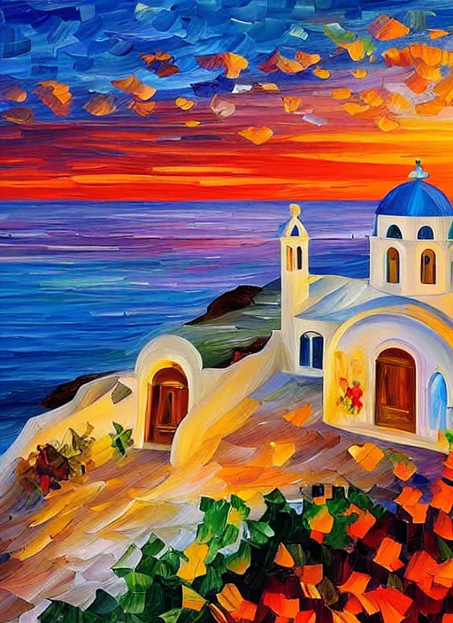 Prompt: beautiful seaside greek village and chapel at sunset in the style of leonid afremov