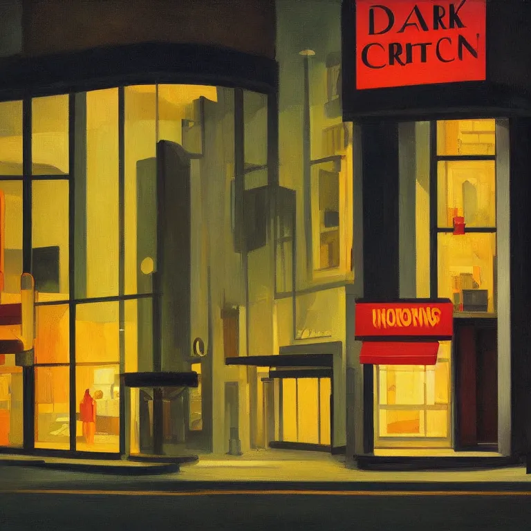 Image similar to dark city all stores closed, except one store glowing inside between dark closed stores, painted by Edward Hopper and James Gilleard, oil painting