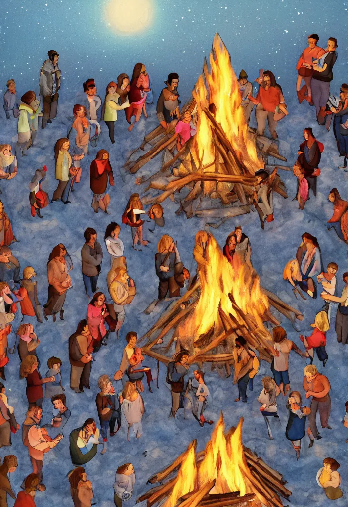 Image similar to realistic aerial race gather around a bonfire with a pregnant woman as her leader, intense blue eyes, realistic, antartic night