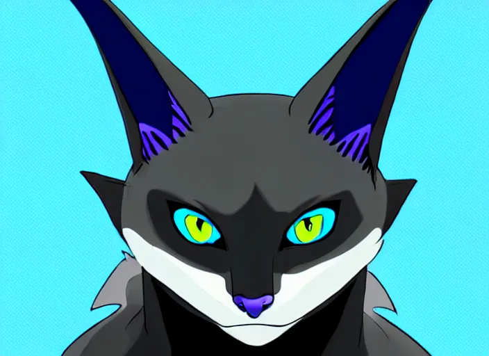 Image similar to a blue - and - black male catbat fursona with blue / green heterochromatic eyes ( differently - colored eyes, one eye green, one eye blue ) and huge bat ears, photo of the catbat streaming on his computer