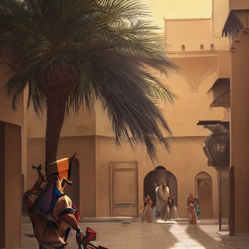 Prompt: hanzo from overwatch travels in marrakech streets, morocco, palm trees, mosque, highly detailed, digital painting, artstation, concept art, smooth, sharp focus, illustration, art by artgerm and greg rutkowski and alphonse mucha