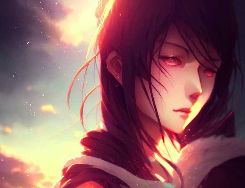 Image similar to the light of the ages rests of her shoulders, and her eyes are filled with sadness, by nashimanga, anime illustration, anime key visual, beautiful anime - style digital painting by wlop, amazing wallpaper