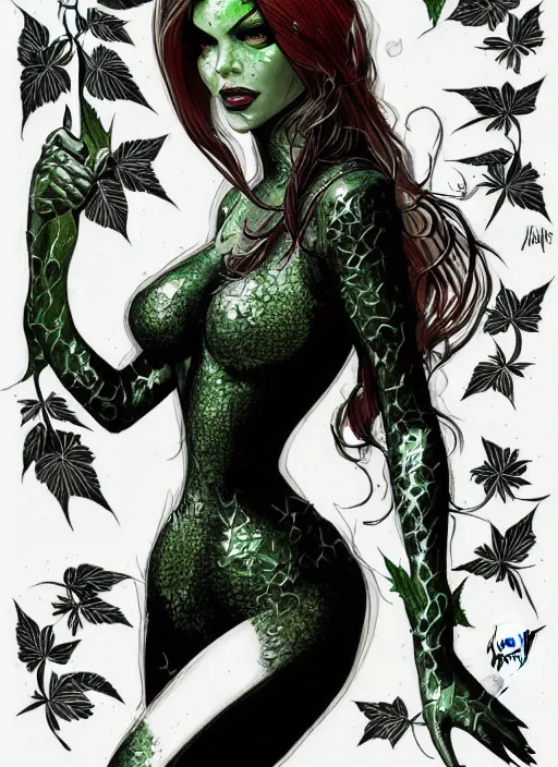 Prompt: concpet art, full shot, traditional ink, sketch, of poison ivy, line sketch, intricate, elegant, highly detailed, monochrome, digital painting, artstation, concept art, green, black, red ink sharp focus, illustration, art by borderlands 3 and peter polach