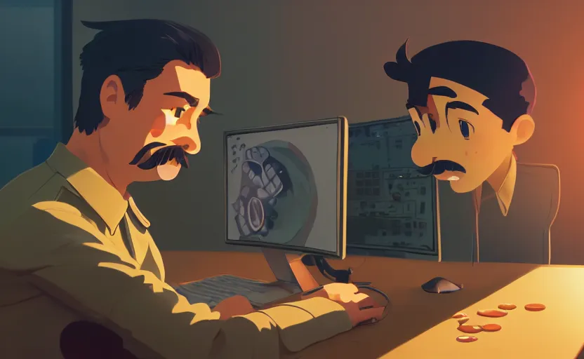 Image similar to angry realistic josef stalin trading bitcoin in front of computer, game design, golden hours, cory loftis, james gilleard, atey ghailan, makoto shinkai, goro fujita, studio ghibli, rim light, exquisite lighting, clear focus, very coherent, soft painting