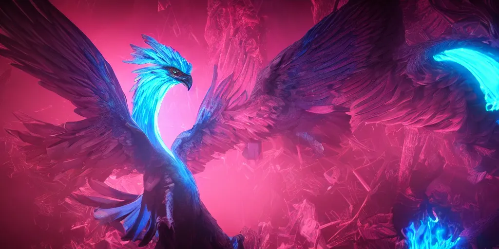 Prompt: a photo of 8k ultra realistic pink and blue phoenix in a dark room, ornate, cinematic lighting, trending on artstation, 4k, hyperrealistic, focused, high details, unreal engine 5, cinematic, masterpiece