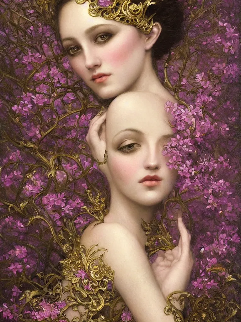 Image similar to a digital painting of a young beautiful woman, surrounded by flowers, dark pastel color scheme, jugendstil background, gold filigree, by karol bak, by emil melmoth, by Daniel Gerhartz, trending on artstation