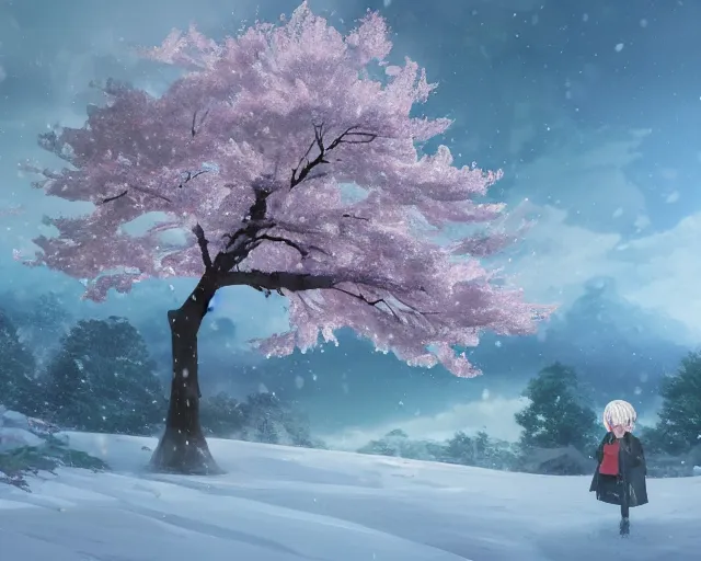 Image similar to snowy rocky field with a sakura tree, petals, cloudy, moodly lighting, snow in wind, illustration, by pine ( ハイネ ) and 薯 子 imoko and 香 川 悠 作 and wlop and maya takamura, highly detailed, trending artstation, pixiv, digital art