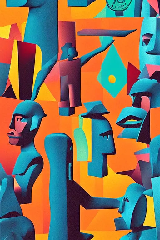 Image similar to cubist moai statue cutout digital illustration cartoon colorful beeple