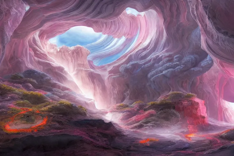 Prompt: Celestial majestic luxurios futuristic other worldly realm with Singaporean royal gold lush volcano, intense volcanic eruption, set on chic Antelope Canyon with white thermal waters flowing down pink travertine terraces, relaxing, ethereal and dreamy, thunderstorms and multiversal tornado, visually stunning, from Star Trek 2021, illustration, by WLOP and Ruan Jia and Mandy Jurgens and William-Adolphe Bouguereau, Artgerm