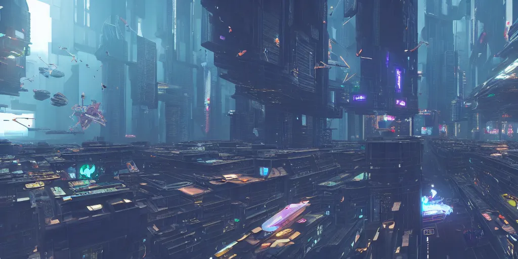Prompt: a cyberpunk city in zero gravity with objects and debris flying around ultrarealism
