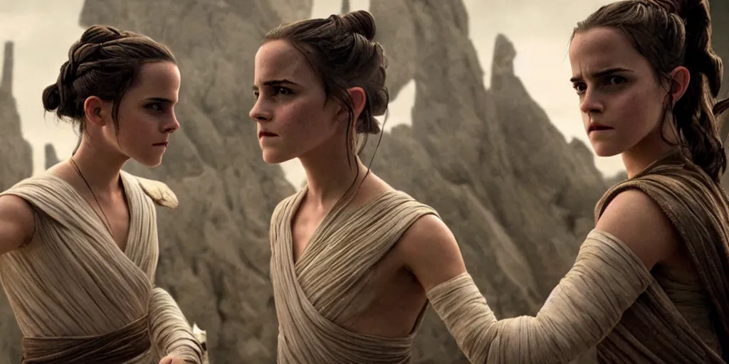 Image similar to emma watson as rey in the new star wars movie, cinematic, detailed