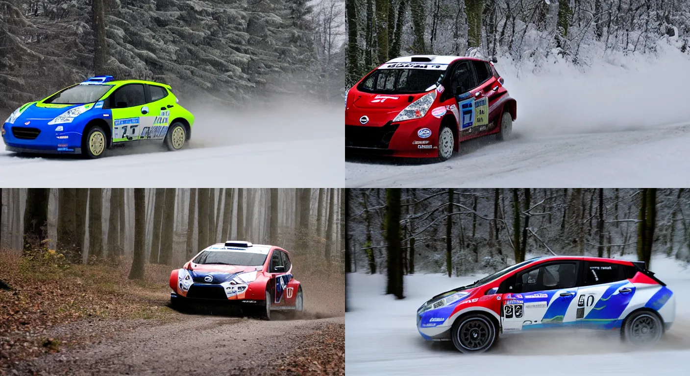 Prompt: a 2 0 1 1 nissan leaf, racing through a rally stage in a snowy forest