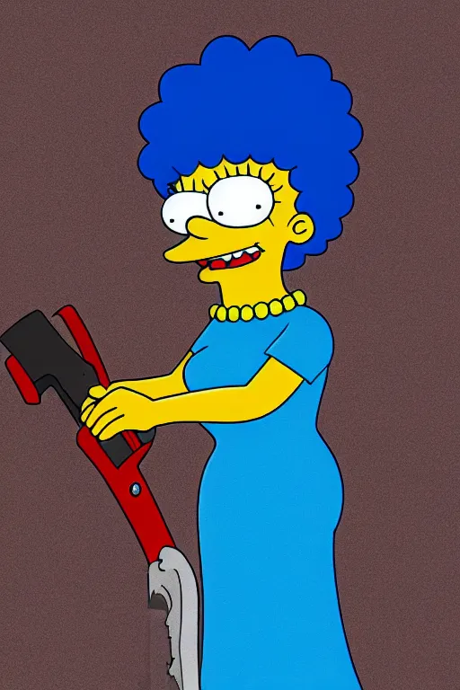 Prompt: marge simpson as a serial killer, holding a chainsaw