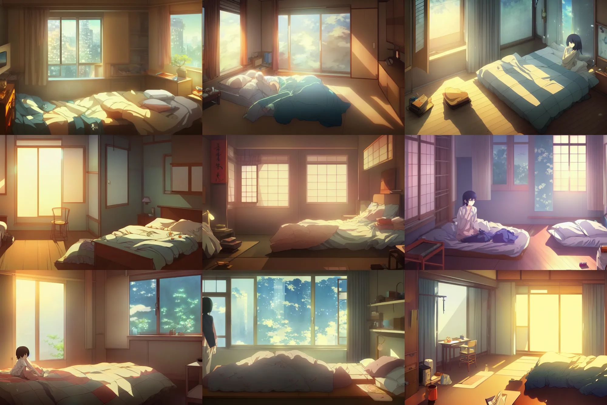 Prompt: a bedroom in a japanese apartment, key visual, a digital painting by makoto shinkai and james gurney, trending on artstation, highly detailed