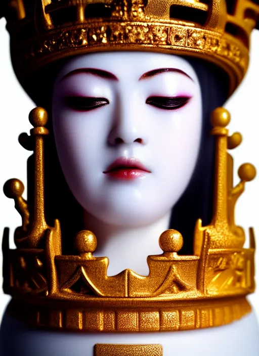 Image similar to queen chess piece extreme closeup photo portrait, beautiful pale makeup, pearlescent skin, elegant pose, very detailed, highly detailed kimono, photorealism, sharp focus, photorealism, soft diffuse autumn lights, some sunlight ray, dark room wall, canon 5D 50 mm lens, zen temple background