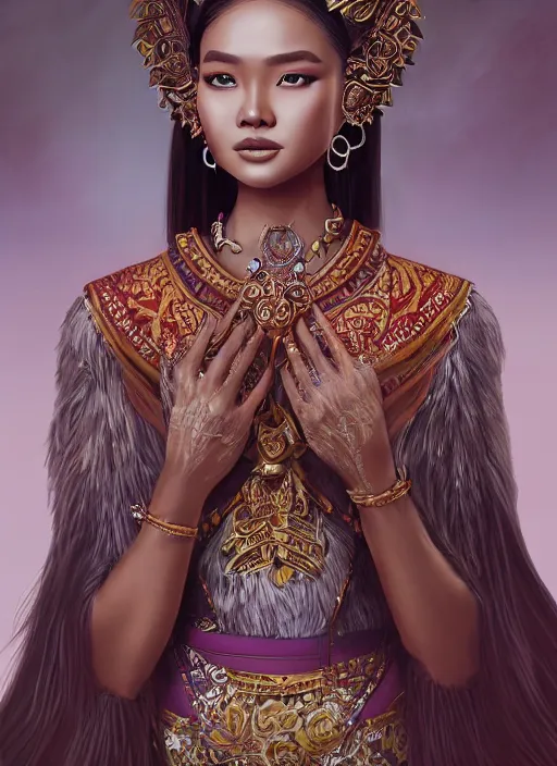 Image similar to portrait of an indonesian supermodels wearing traditional costume, highly detailed, digital painting, artstation, concept art, sharp focus, illustration